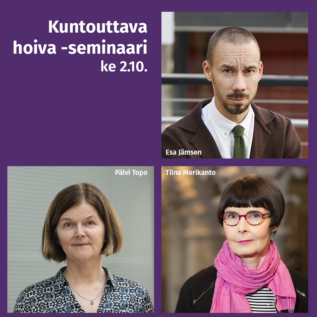 Kuntouttava hoiva -seminaarin puhujia, kuvissa Esa Jämsen, Päivi Topo ja Tiina Merikanto